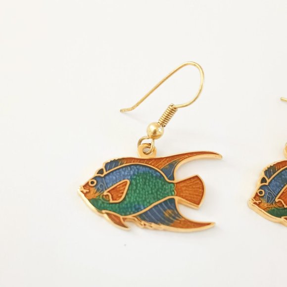 Trident Angelfish Enamel Dangle Earrings Gold Tone Pierced Drop - Picture 2 of 5